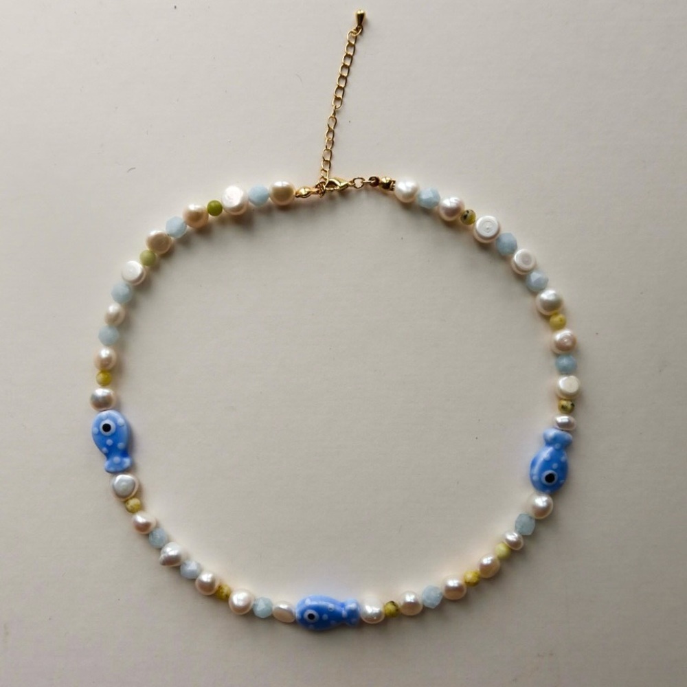 Freshwater Pearl Necklace with Ceramic Blue Fish Charms - Ocean-Inspired